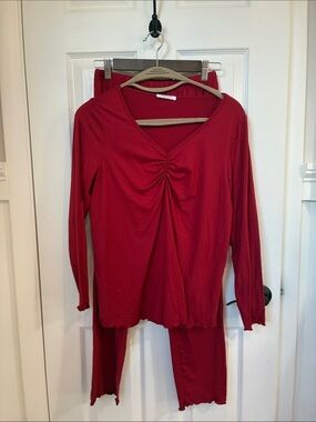 Red V-Neck Ruched Long Sleeve Pajama Set